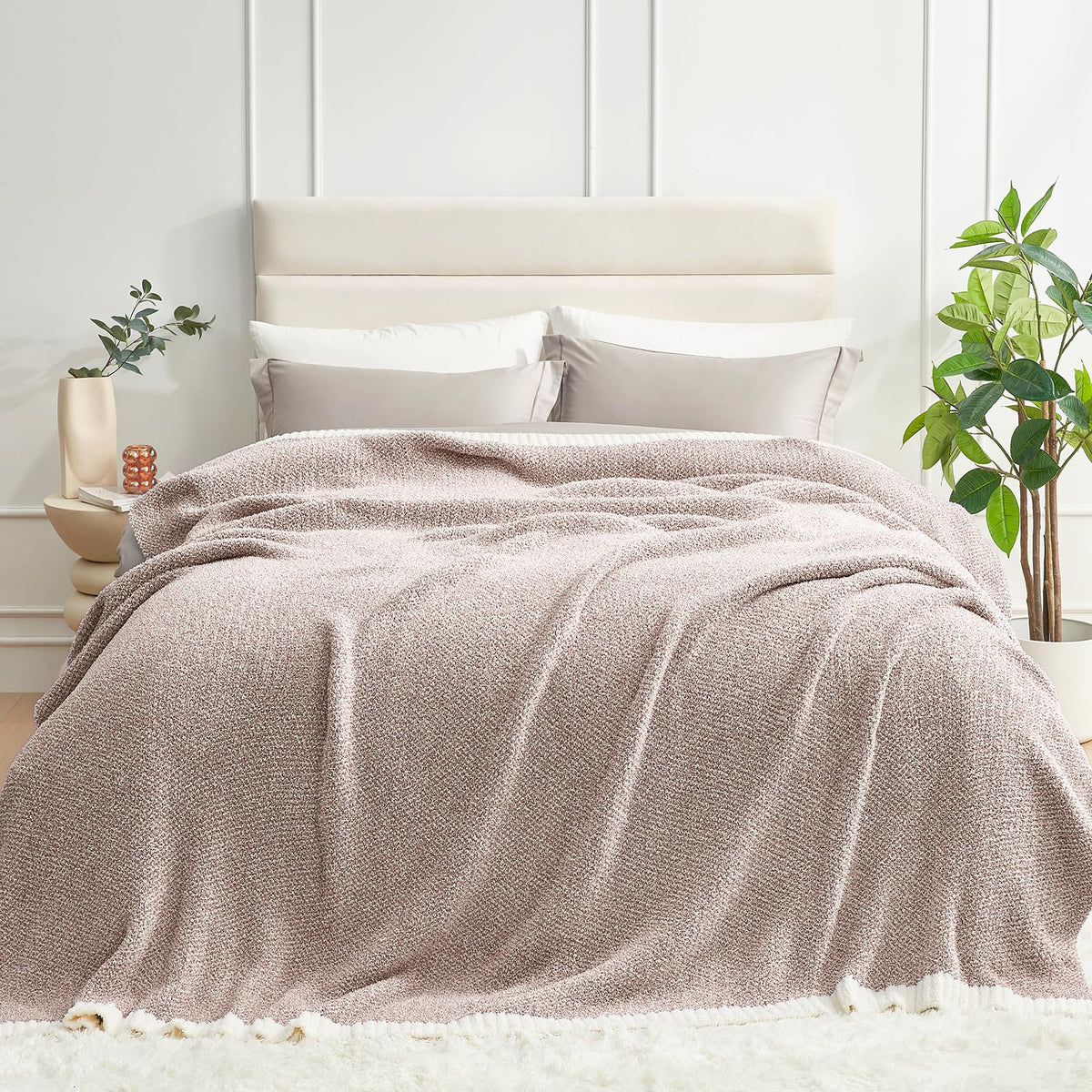 Snuggle Sac Buttery Ivory Throw Blanket for Couch, Reversible Super Soft Knitted Blankets, Warm Cozy Knit Fuzzy Plush Lightweight Throws Dupes for Sofa, Bed, Picnic, Ivory, 50 x 60 inches