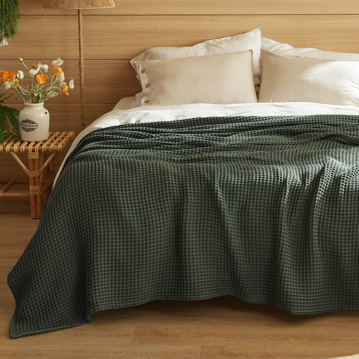 Bedsure Lightweight 100% Cotton Waffle Blanket, Queen, Linen
