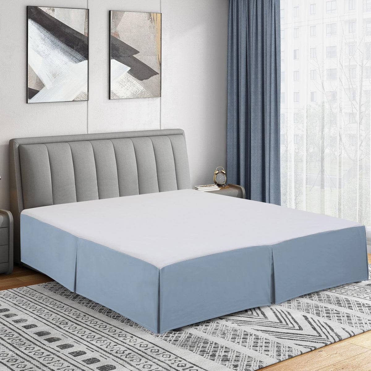 Cathay Home Queen Bed Skirt, 14" Drop Dust Ruffle, Blue Fog