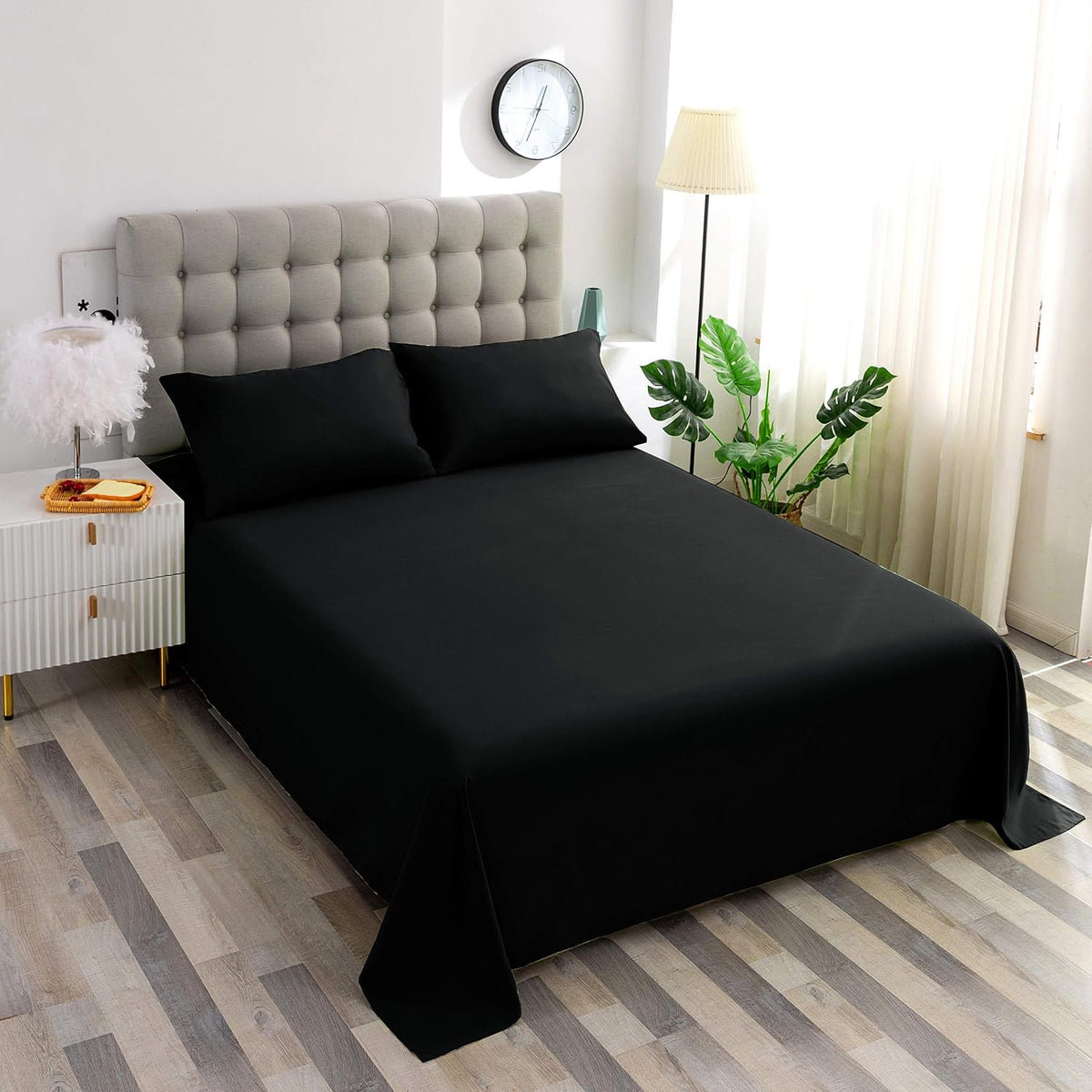 Sfoothome Queen Flat Sheet Black Top Sheet, Premium Hotel 1-Piece, Luxury and Soft 1500 Thread Count Quality Bedding Flat Sheet, Wrinkle-Free, Stain-Resistant