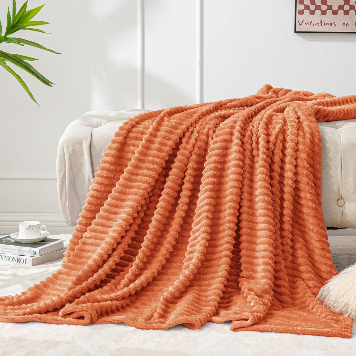 BEDELITE 3D Ribbed Jacquard Pink Fleece Throw Blanket for Couch, 50x60 Inch