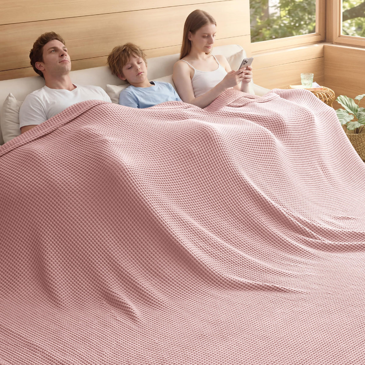 Bedsure Lightweight 100% Cotton Waffle Blanket, Queen, Linen