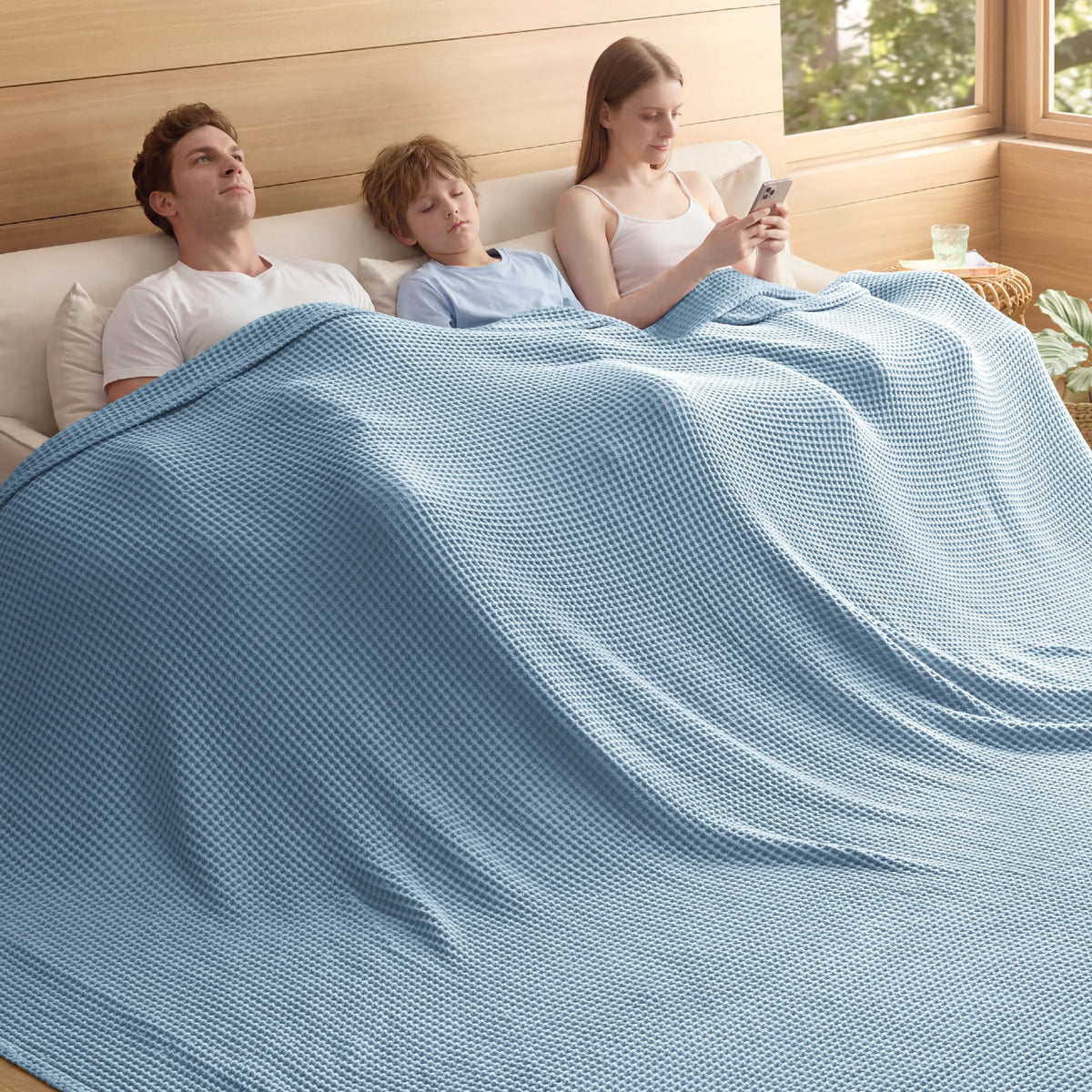 Bedsure Lightweight 100% Cotton Waffle Blanket, Queen, Linen